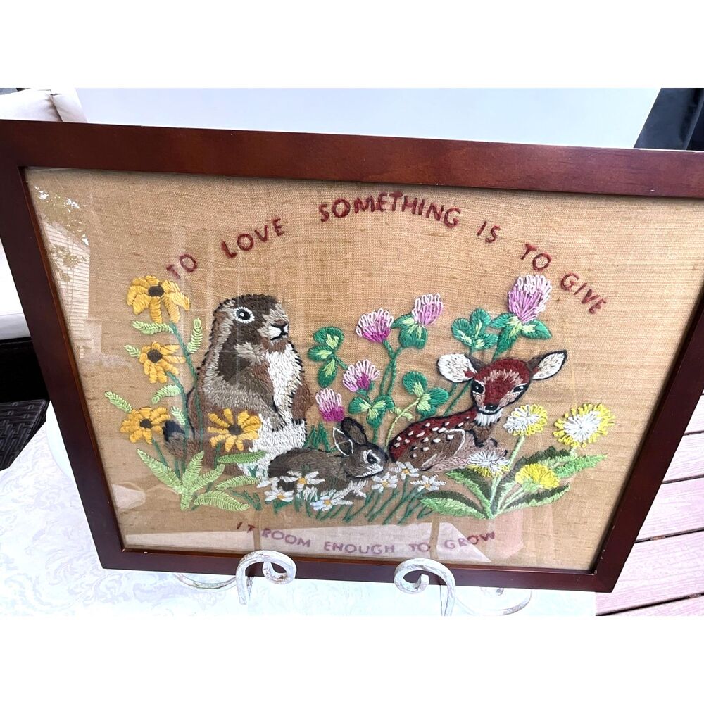 Vintage 1970's To Love Something.... crewel embroidery Woodland Animals Framed